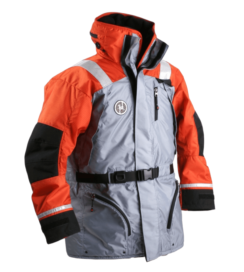 Lars jacket. Color, light grey on the torso, red-orange colored arms with black details.