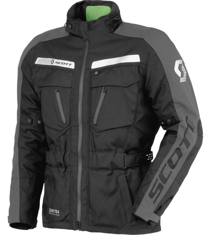 Marco jacket. Color, dark grey with light grey stripe covering from shoulder to wrist. Six pockets