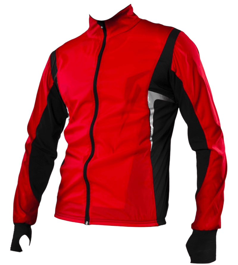 Roald jacket. Red color with black stripes covering the sides and underarm. Black zipper. Thinner fabric